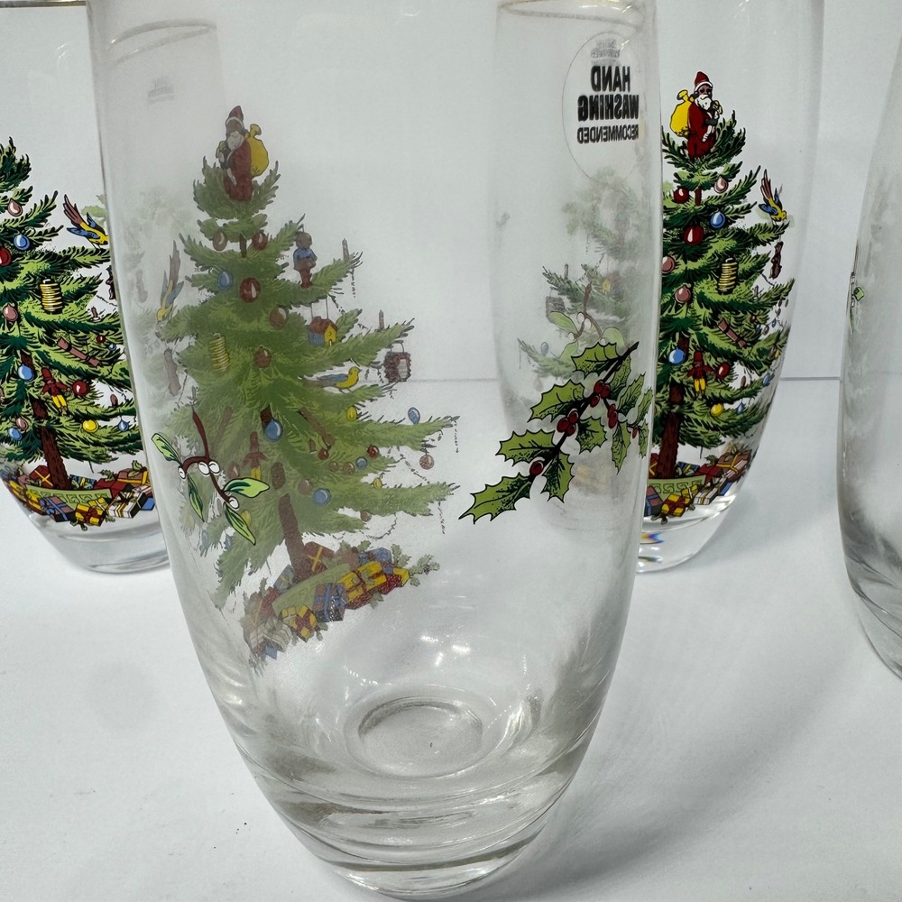 Spode Christmas Tree 6" Holiday Glass Tumblers 16oz Gold Rim Set of 4 with Box - Picture 5 of 11